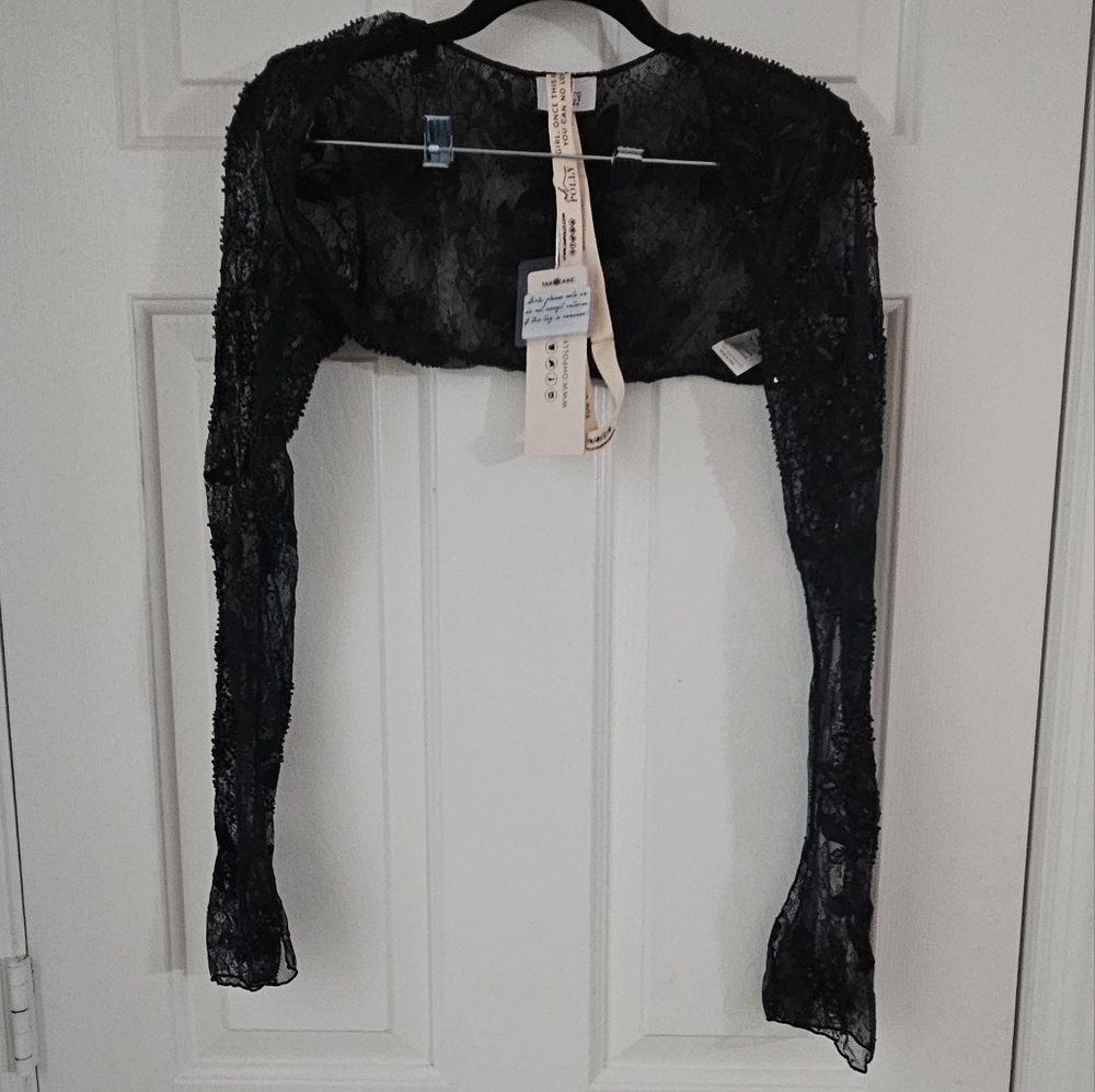 Long Sleeve Embellished Lace Shrug in Black